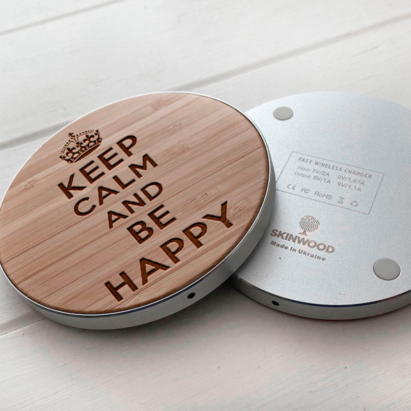 Зарядка для телефону з натурального дерева Fast Charger з гравіюванням Happy 
