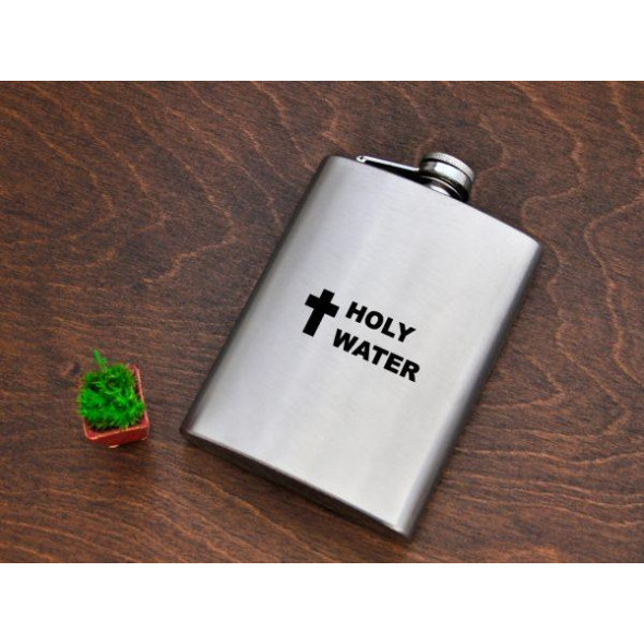Фляга туристична подарункова з гравіюванням «Holy Water» для коньяку, віскі з нержавійки, 240 мл FL-0009