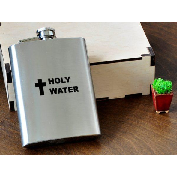 Фляга туристична подарункова з гравіюванням «Holy Water» для коньяку, віскі з нержавійки, 240 мл FL-0009