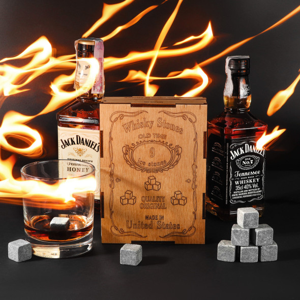 Подарунковий набір каменів для віскі на 9 шт. в дерев'яній коробці "Whisky Stones"