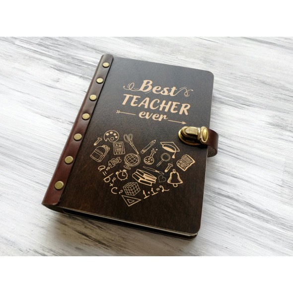 Блокнот для записів у дерев'яній обкладинці «Best teacher», корпоративний подарунок, Коричневий, Розмір A5