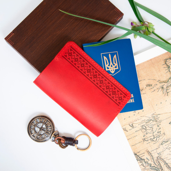 Обкладинка для паспорта з натуральної шкіри з нанесенням орнаменту, Оранжевий, 10х15,5см