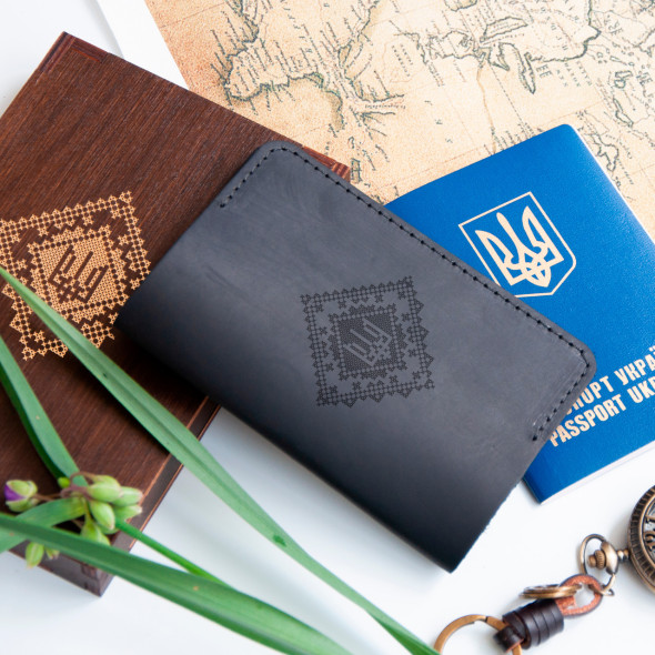 Шкіряна обкладинка на паспорт з патріотичним гравіюванням, Коричневий, 10х15,5см