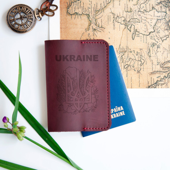 Обкладинка для паспорта з натуральної шкіри з патріотичним гравіюванням, Зелений, 10х15,5см