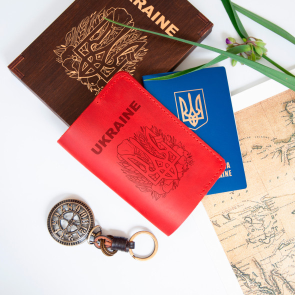 Обкладинка для паспорта з натуральної шкіри з патріотичним гравіюванням, Зелений, 10х15,5см