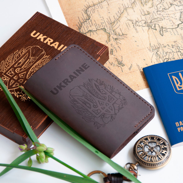 Обкладинка для паспорта з натуральної шкіри з патріотичним гравіюванням, Зелений, 10х15,5см