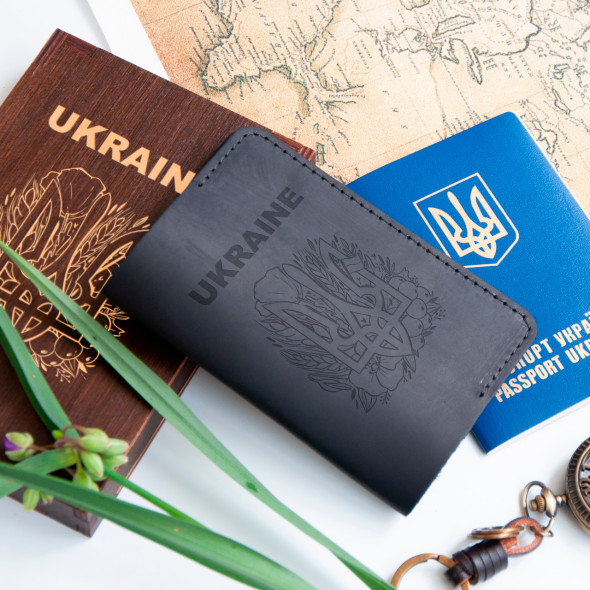 Обкладинка для паспорта з натуральної шкіри з патріотичним гравіюванням, Зелений, 10х15,5см