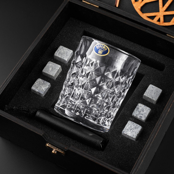 Подарунковий набір для віскі з келихом Bohemia Diamond 280 мл та камінням для охолодження напою