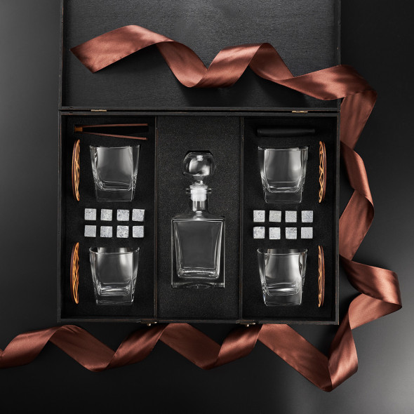 Келихи для віскі в дерев'яній коробці та графин Luminarc Sterling | Каміння для охолодження напою