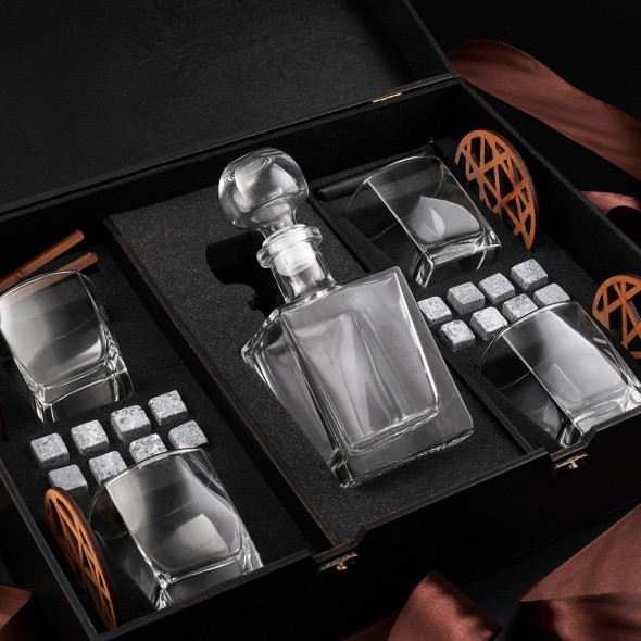 Келихи для віскі в дерев'яній коробці та графин Luminarc Sterling | Каміння для охолодження напою