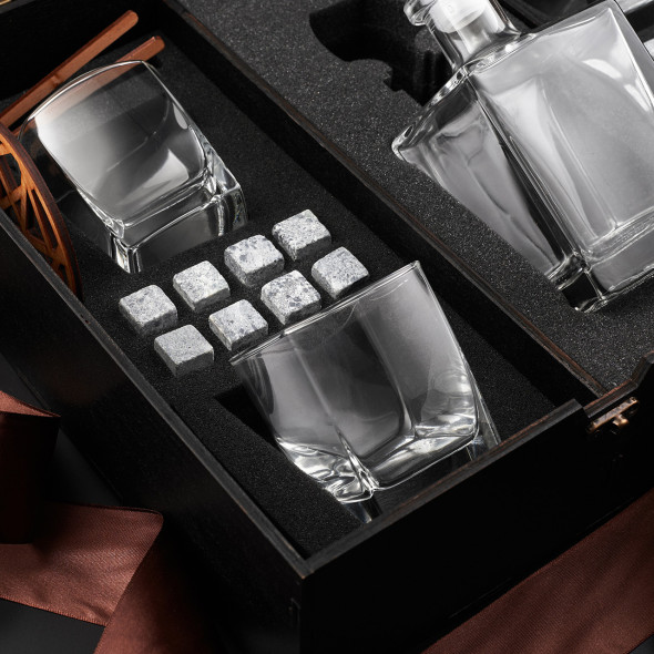Келихи для віскі в дерев'яній коробці та графин Luminarc Sterling | Каміння для охолодження напою