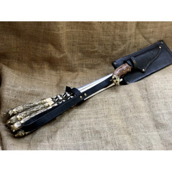 Туристичний набір шампурів з ножем та вилкою для зняття м'яса "Звірі" | 8 предметів