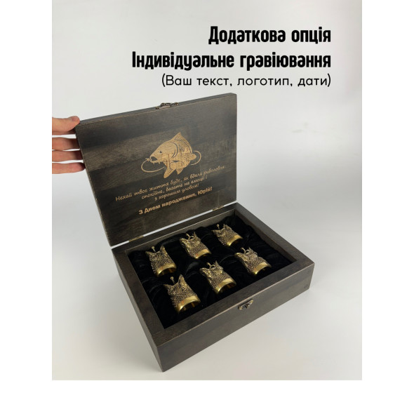 Чарки-перевертні "Козаки" з бронзи (6 шт) у дерев'яному кейсі з бука | Подарунок військовому ЗСУ