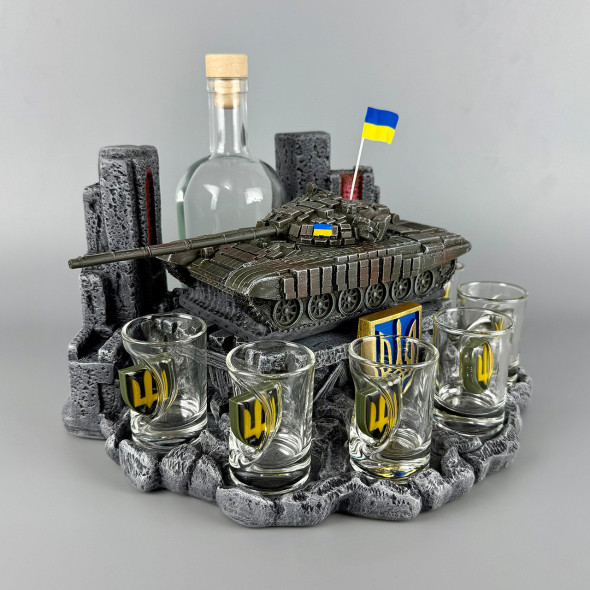 Комплект чарок із графином для горілки з танком "Т-72Б" пляшка + стопки з вставками ручної роботи