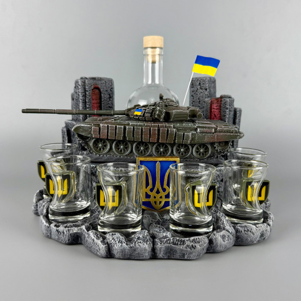 Комплект чарок із графином для горілки з танком "Т-72Б" пляшка + стопки з вставками ручної роботи