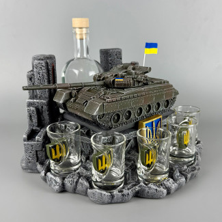 Штоф для горілки ручної роботи з стопками та пляшкою 500 мл "Т-80" | Подарунок для тата, брата, дідуся