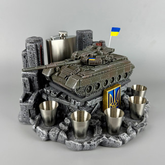 Сувенірний набір штоф ручної роботи "Т-80" | Металева фляга 300 мл + стопки